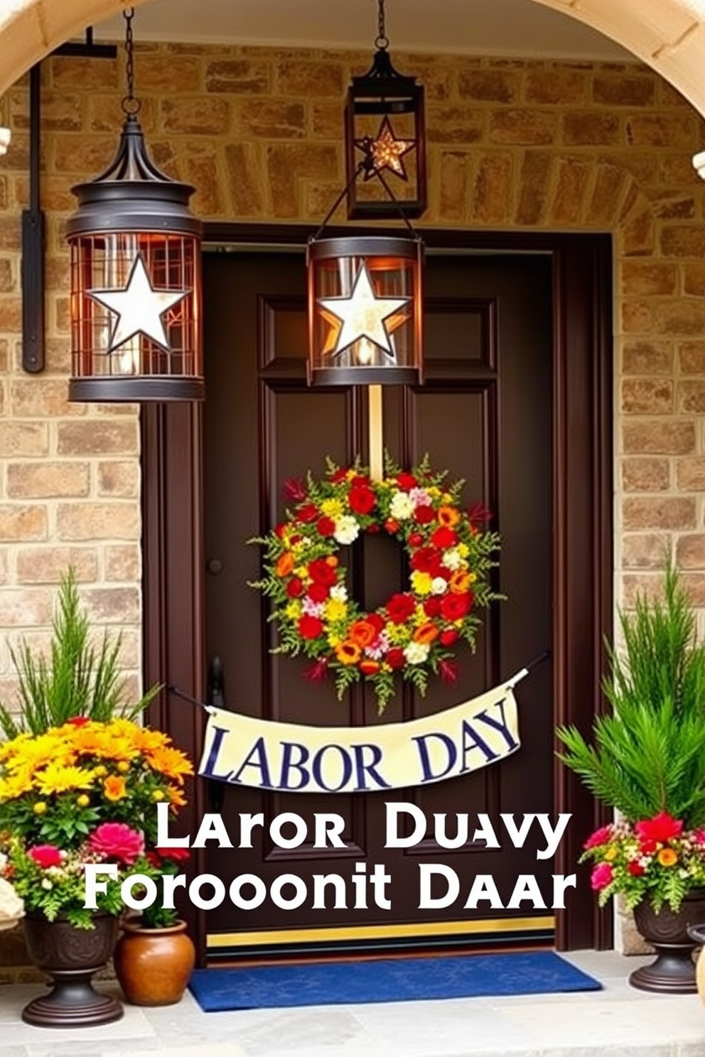 Hanging lanterns with star motifs create a captivating entrance that welcomes guests with warmth and charm. The lanterns, crafted from wrought iron, feature intricate star designs that cast beautiful shadows when illuminated. Labor Day front door decorating ideas can incorporate vibrant wreaths made of seasonal flowers and rustic elements. Adding a festive banner and small potted plants on either side of the door enhances the inviting atmosphere.