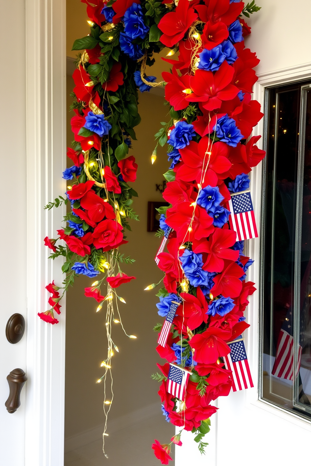 A festive garland adorns the door frame, featuring vibrant red and blue flowers intertwined with shimmering gold accents. The garland is complemented by small American flags and twinkling fairy lights, creating a warm and inviting atmosphere for Labor Day celebrations.