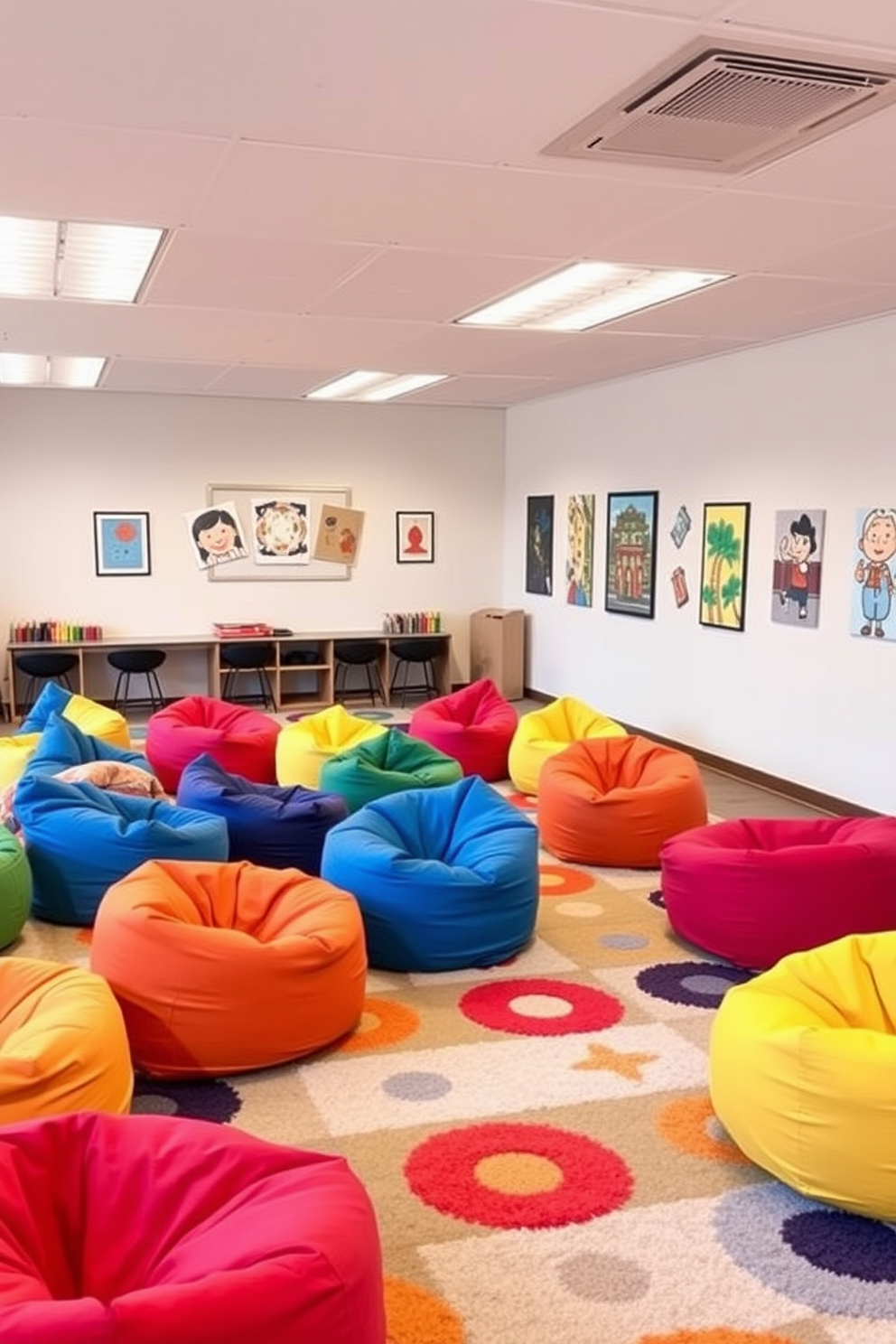 A vibrant game room filled with colorful bean bag seating arrangements in various shapes and sizes. The walls are adorned with playful artwork and the floor is covered in a soft, multi-colored rug that complements the seating.