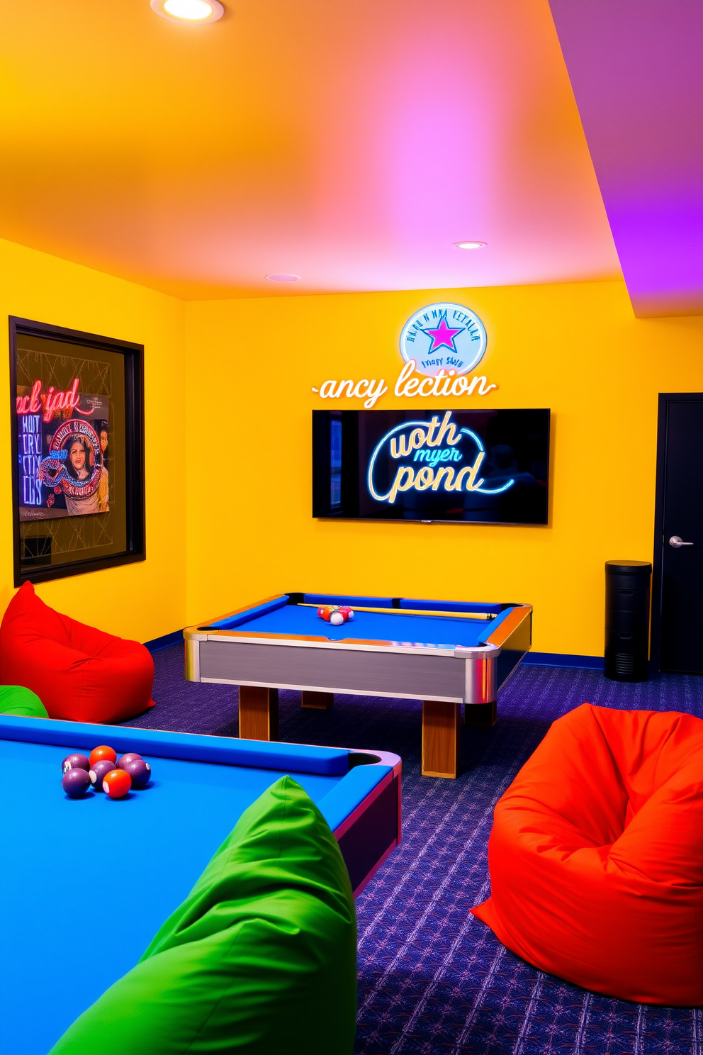 Bright accent colors for energy. The game room features a vibrant yellow wall paired with a bold blue pool table, creating a lively atmosphere. Colorful bean bags in red and green are scattered around the room, inviting relaxation and fun. A neon sign with playful graphics adds a touch of excitement to the space.