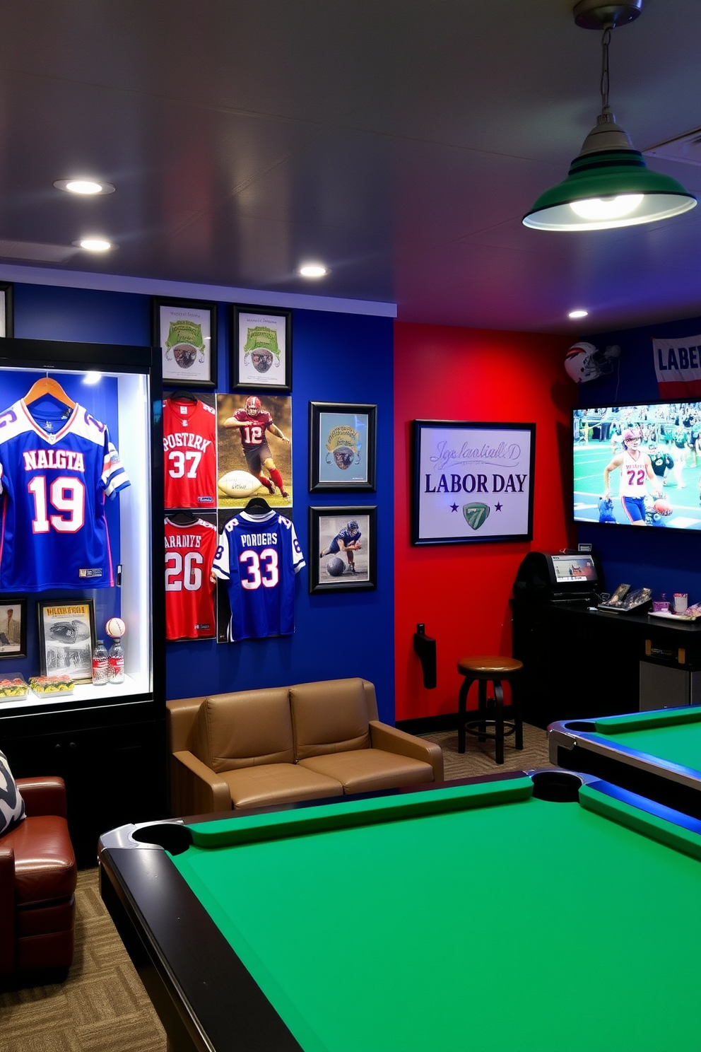 A vibrant sports memorabilia display showcasing jerseys, signed balls, and framed photographs. The backdrop features a bold team color scheme, and a sleek glass cabinet houses collectibles while spotlights illuminate the items. A cozy game room designed for Labor Day festivities with comfortable seating and a large screen for watching games. The decor includes festive banners, a snack bar with refreshments, and a pool table for entertainment.