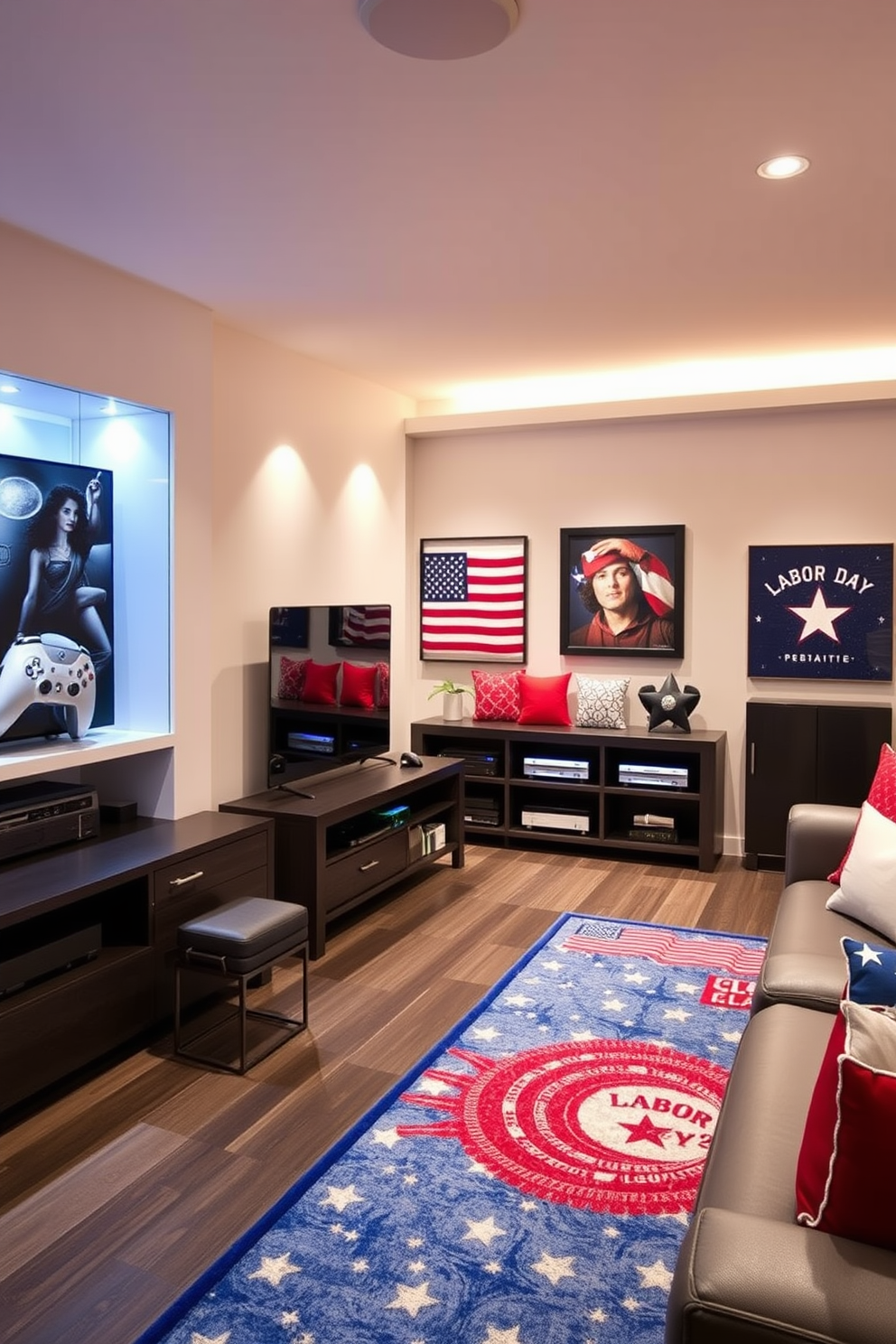 A modern game room featuring stylish gaming console storage solutions. The room includes a sleek entertainment unit with built-in shelves for game consoles and accessories, complemented by ambient lighting. Decorative elements celebrate Labor Day with a patriotic theme. Red, white, and blue accents are incorporated through cushions, wall art, and a festive rug, creating a vibrant and inviting atmosphere.