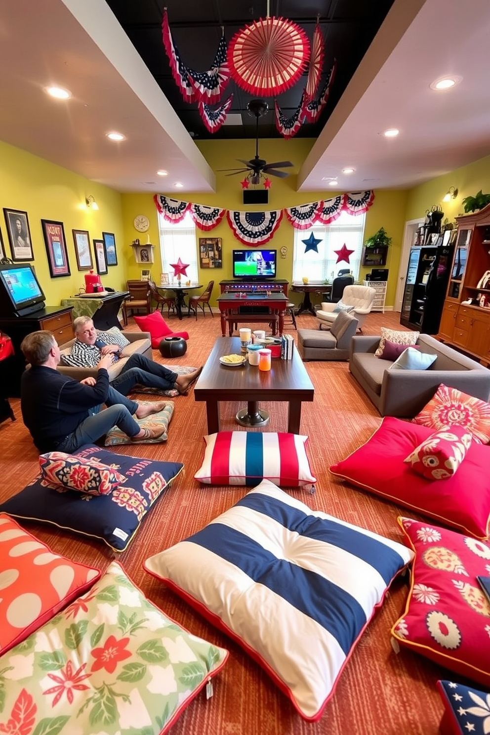 Cozy floor cushions are scattered around a vibrant game room, providing casual seating for friends and family. The cushions feature a mix of bold patterns and colors, complementing the playful atmosphere of the space. The game room is adorned with festive Labor Day decorations, including red, white, and blue accents. A large table in the center is surrounded by comfortable seating, perfect for enjoying snacks and drinks during the festivities.