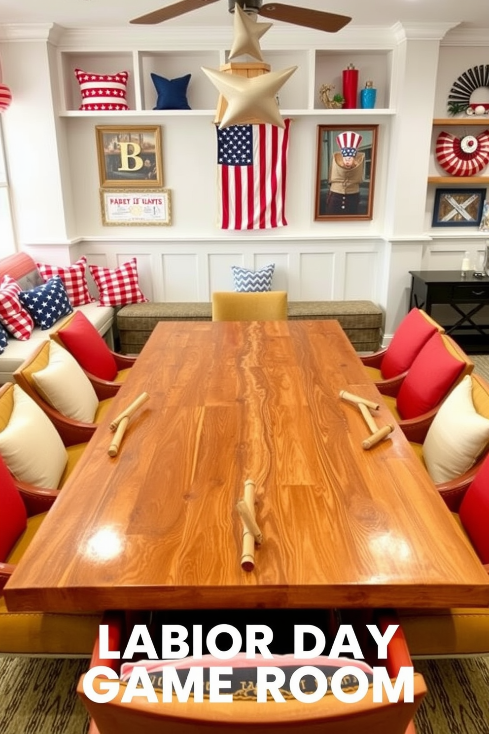 A creative board game table design features a large, rectangular table made of reclaimed wood with a glossy finish. Surrounding the table are comfortable, upholstered chairs in vibrant colors, inviting players to gather and enjoy their favorite games. For Labor Day game room decorating ideas, the space is filled with a mix of patriotic decor and fun gaming elements. Red, white, and blue accents are incorporated through cushions, wall art, and themed tableware, creating a festive atmosphere for friends and family to celebrate together.