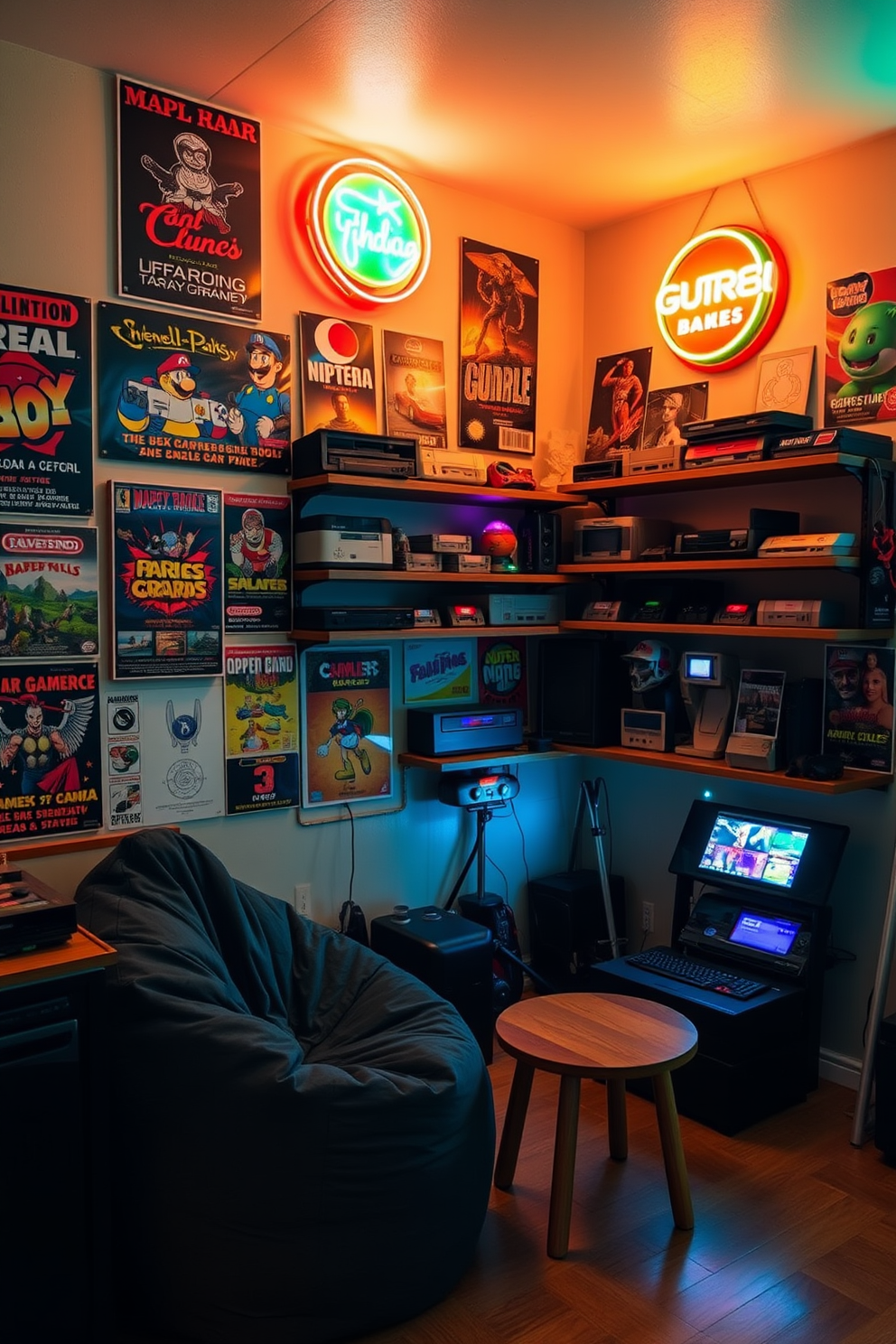 A retro gaming corner filled with vintage decor awaits. The walls are adorned with classic gaming posters and shelves lined with retro consoles and cartridges. A cozy seating area features a plush bean bag chair and a small wooden coffee table. Ambient lighting from neon signs adds a fun and nostalgic atmosphere to the space.