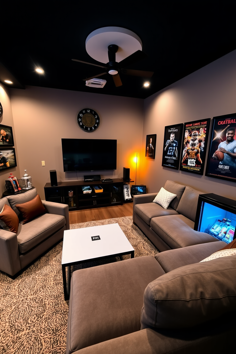 A cozy game room designed for entertaining friends and family. The space features a large sectional sofa facing a mounted smart TV, with a sleek coffee table in front and ambient lighting creating a warm atmosphere. The walls are adorned with sports memorabilia and framed posters of classic movies. A mini-fridge stocked with snacks and drinks is conveniently placed nearby, ensuring everyone is ready for an exciting movie night or game day celebration.