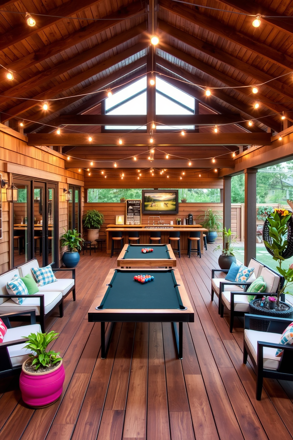 An outdoor game room extension designed for fresh air and relaxation features a spacious wooden deck with comfortable seating arrangements. The area is adorned with string lights overhead, creating a warm and inviting atmosphere for gatherings. The game room includes a stylish pool table at the center, surrounded by modern lounge chairs and a rustic wooden bar. Potted plants and colorful outdoor cushions add a vibrant touch, enhancing the overall aesthetic for Labor Day celebrations.