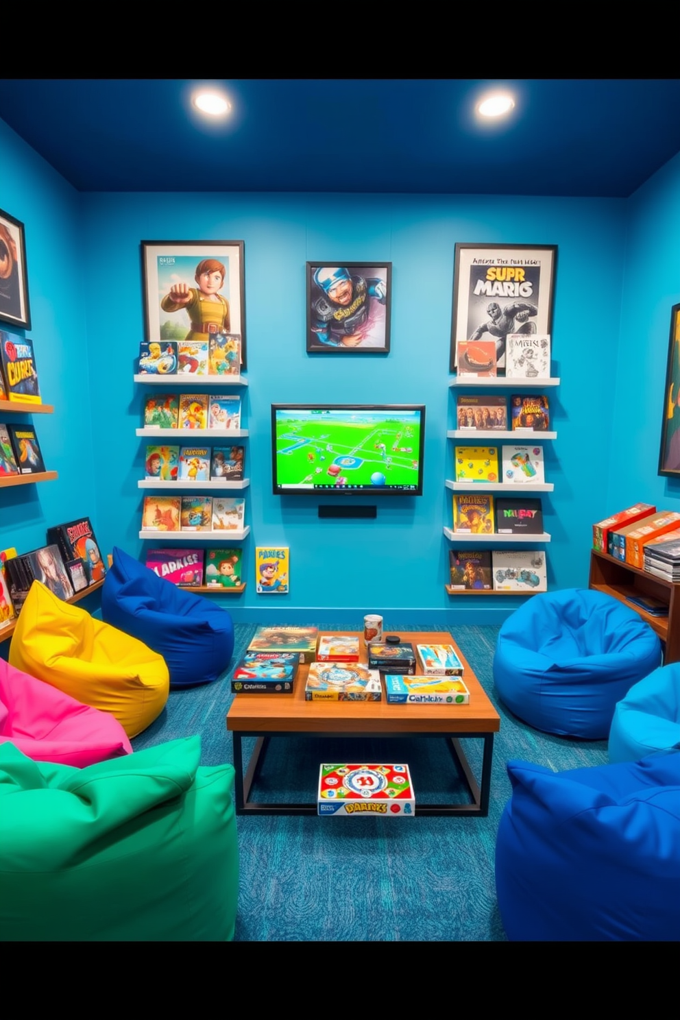 A vibrant game room filled with interactive puzzles displayed on stylish shelves. The room features a cozy seating area with colorful bean bags and a large wall-mounted screen for gaming. The walls are painted in a playful blue hue, adorned with framed artwork of classic games. A wooden coffee table in the center holds a variety of board games and puzzle boxes, inviting everyone to join in the fun.