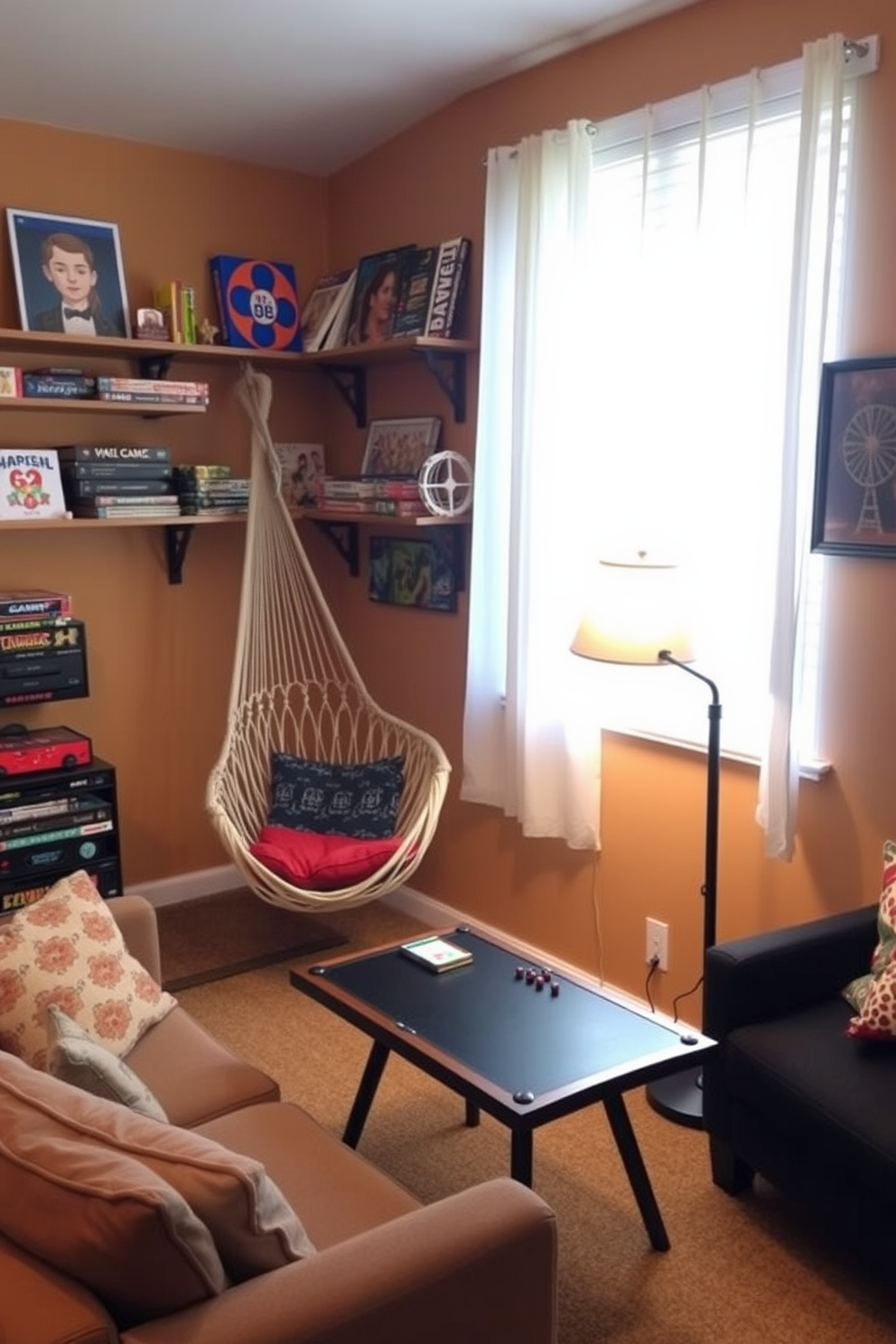 A cozy game room featuring a hammock chair suspended in a corner, creating a laid-back atmosphere perfect for relaxation. The walls are painted in a warm, inviting color, with shelves displaying board games and colorful artwork that adds a playful touch. A stylish game table is positioned at the center, surrounded by comfortable seating that encourages friendly competition. Soft lighting from a vintage-style lamp enhances the ambiance, making it an ideal space for enjoying leisure time with friends and family.