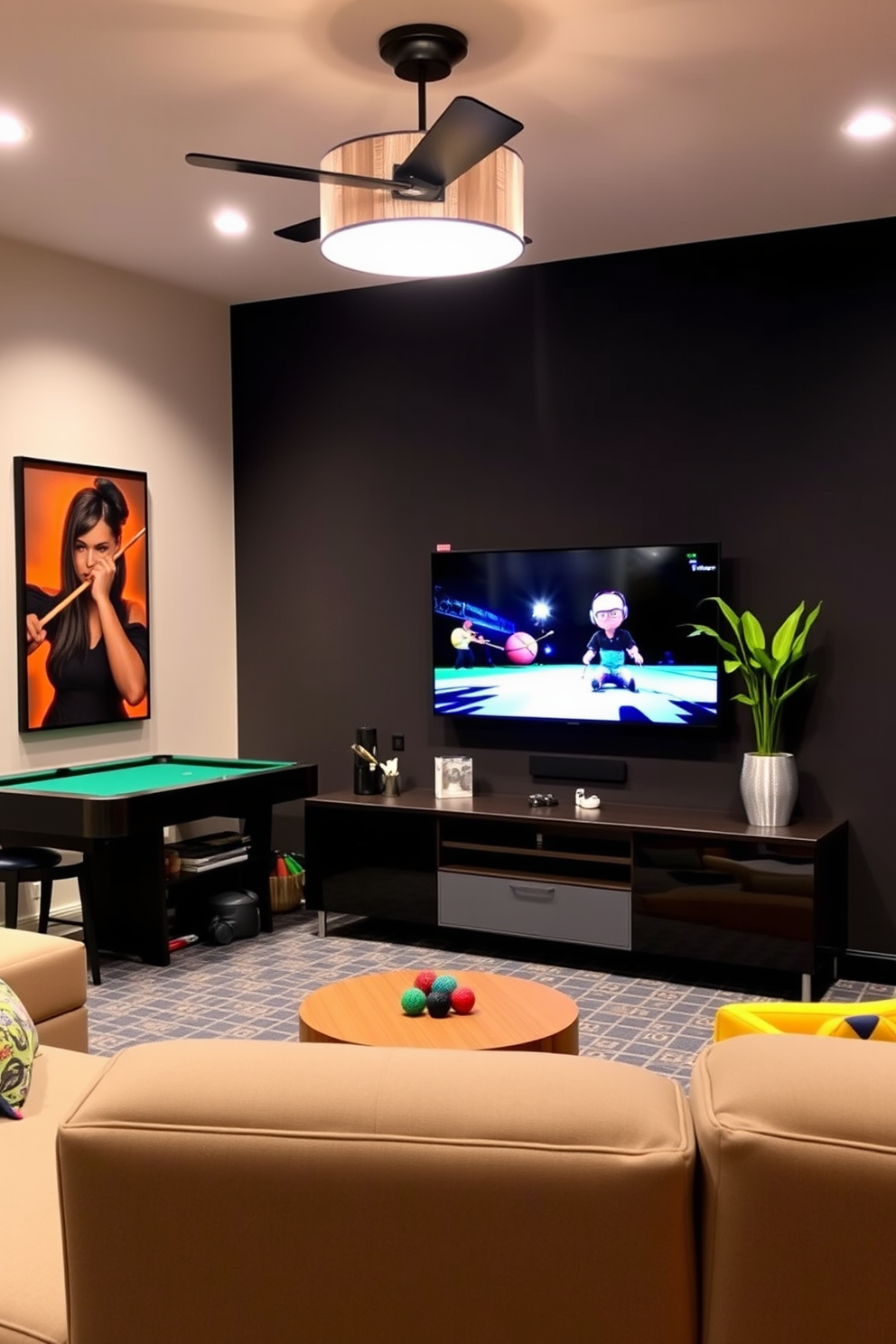 A stylish game room featuring a wall-mounted TV positioned for optimal viewing. The space is adorned with comfortable seating, vibrant decor, and a sleek entertainment unit that complements the overall design.