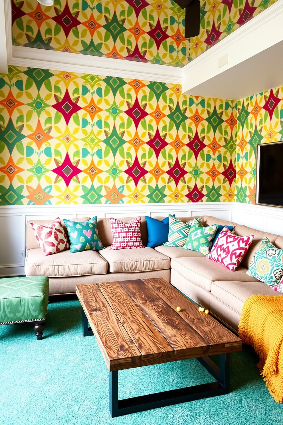 A vibrant game room featuring funky wallpaper with bold geometric patterns in bright colors. The space includes a large sectional sofa with eclectic throw pillows and a coffee table made from reclaimed wood, creating a playful yet inviting atmosphere.