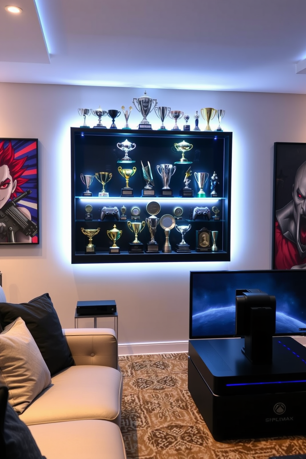 A stylish game room featuring a dedicated trophy display for gaming achievements. The display is mounted on a feature wall and showcases an array of trophies and awards, illuminated by soft LED lighting. The room is designed with comfortable seating and vibrant wall art that reflects gaming culture. A sleek gaming console setup is positioned near the display, creating an inviting atmosphere for both play and admiration.