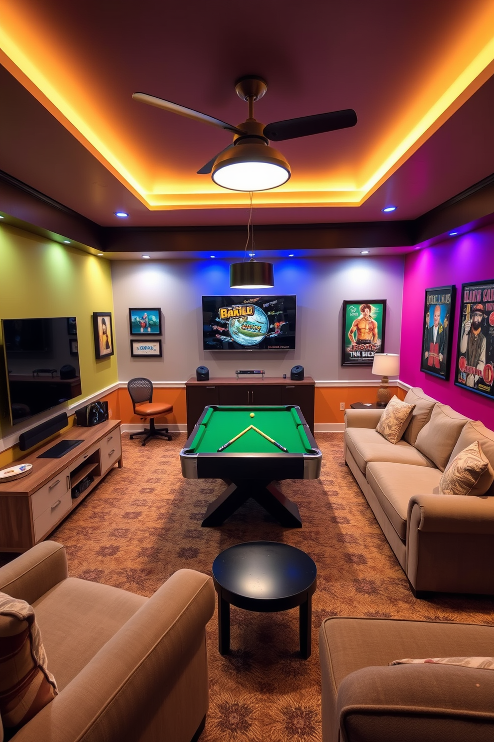 A cozy game room filled with mood lighting that can be adjusted with dimmers for a versatile atmosphere. The space features a plush sectional sofa, a large coffee table, and a wall-mounted TV, creating an inviting area for relaxation and entertainment. Colorful accent walls enhance the playful vibe, while framed artwork and vintage game posters adorn the walls. A stylish pool table sits in the center, surrounded by comfortable seating, making it the perfect spot for gatherings and fun activities.