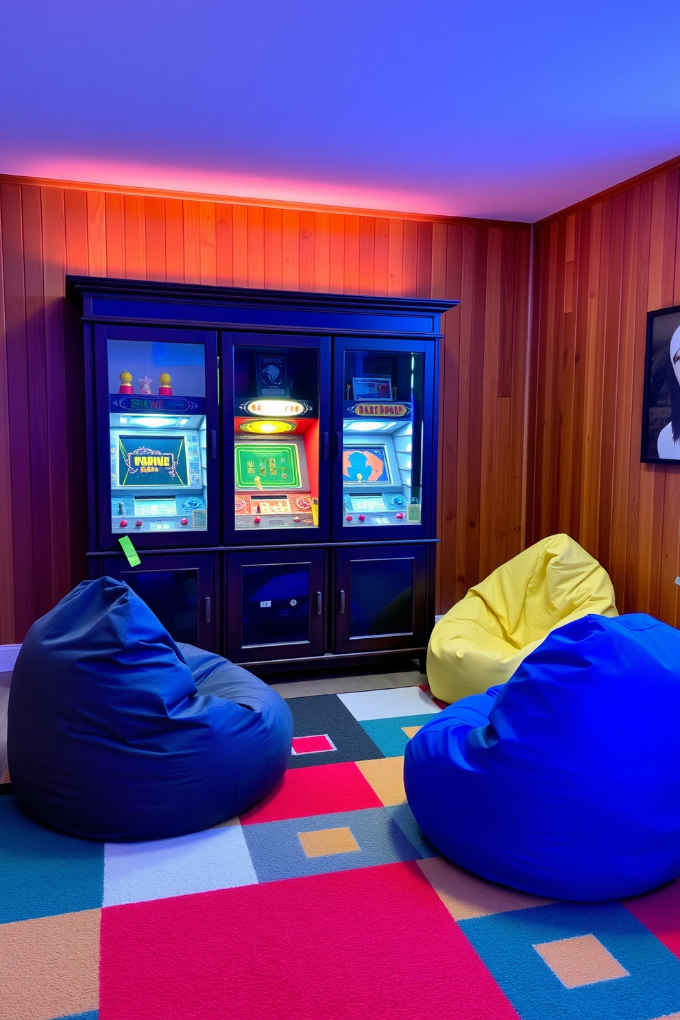 A vintage arcade game display cabinet stands proudly against a backdrop of warm wood paneling. The cabinet is filled with classic arcade games, each illuminated by soft LED lights that create a nostalgic atmosphere. Colorful bean bag chairs are scattered around the room, inviting friends and family to relax and enjoy the games. A retro-style rug with geometric patterns anchors the space, adding a playful touch to the overall decor.