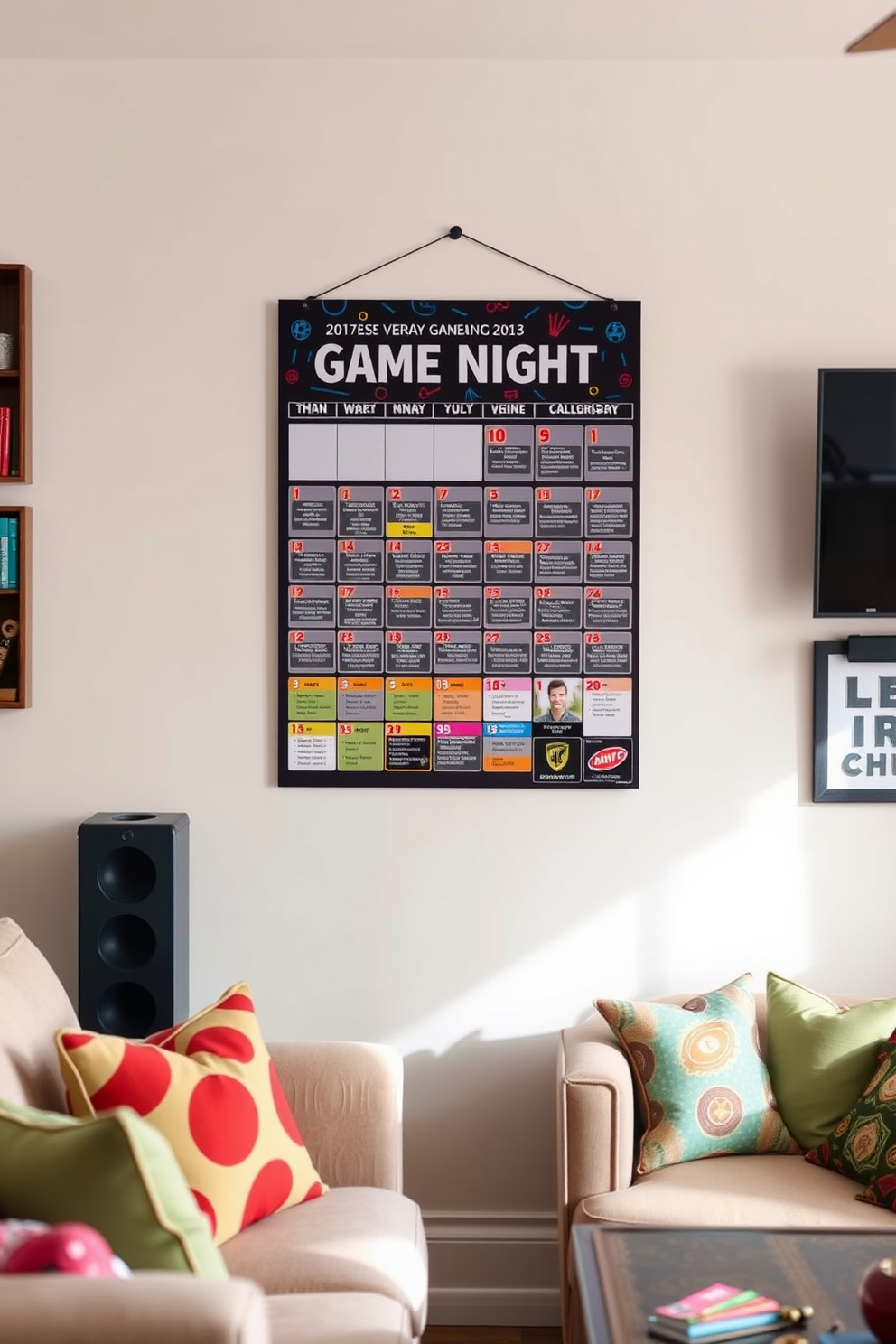 A personalized game night calendar is prominently displayed on the wall, featuring a colorful design that highlights upcoming events. The game room is adorned with cozy seating and vibrant decor, creating an inviting atmosphere for friends and family to enjoy their time together.