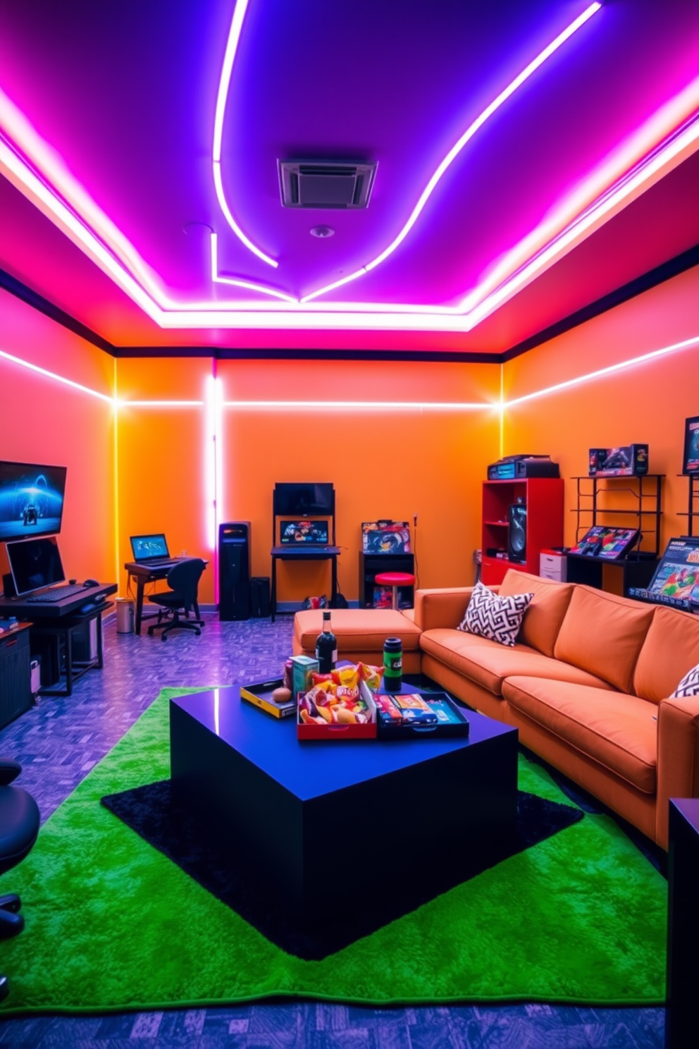 A vibrant game room filled with energy and excitement. LED strip lighting lines the walls and ceiling, creating a dynamic atmosphere that enhances the playful vibe of the space. The room features a large sectional sofa in a bold color, surrounded by an array of gaming consoles and board games. A stylish coffee table sits in the center, adorned with snacks and drinks for guests to enjoy during game nights.