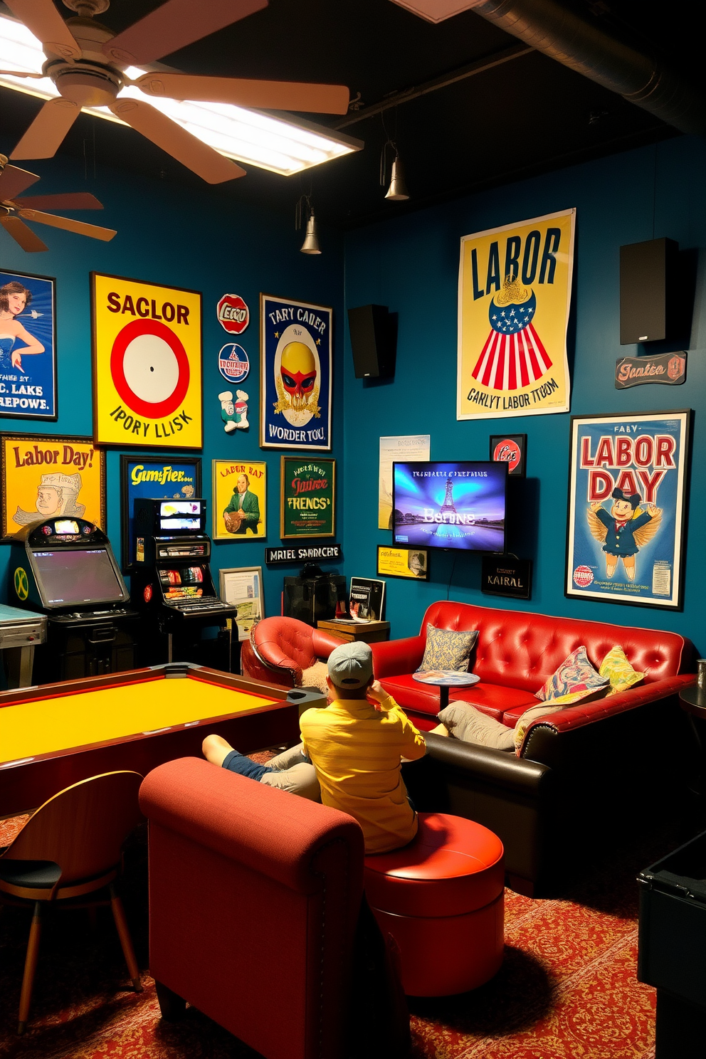 A vibrant game room filled with energy and excitement. The walls are adorned with themed wall art and posters celebrating Labor Day, featuring bright colors and playful designs. Comfortable seating arrangements invite relaxation and socializing. A mix of vintage and modern decor elements create a fun and inviting atmosphere for friends and family to enjoy.