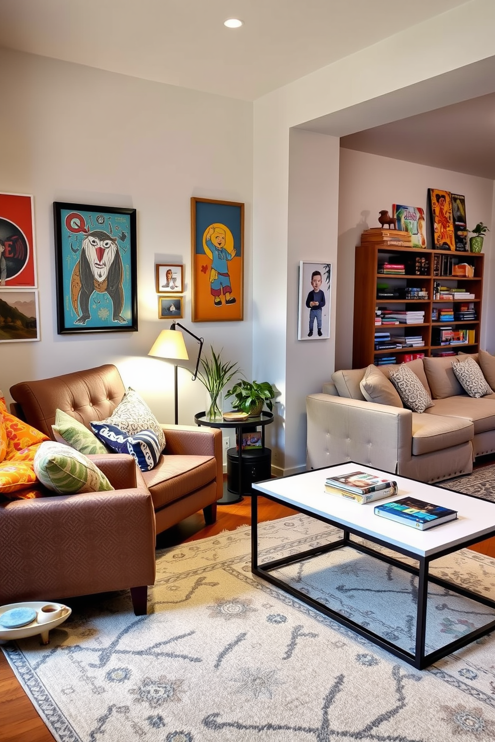 A cozy reading nook features a plush armchair surrounded by an array of colorful cushions. A small side table holds a steaming cup of tea and a stack of well-loved books, with soft lighting from a nearby lamp creating an inviting atmosphere. The game room is designed for entertainment, showcasing a large sectional sofa and a sleek coffee table. Walls are adorned with vibrant artwork and shelves filled with board games, while a stylish rug anchors the space, inviting friends and family to gather for fun and relaxation.