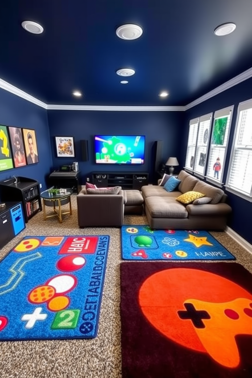 A cozy game room featuring vibrant game-themed area rugs that add a playful touch to the space. The rugs are designed with iconic gaming symbols and characters, providing comfort underfoot while enhancing the room's lively atmosphere. The walls are painted in a deep navy blue, creating a perfect backdrop for the colorful decor. A large sectional sofa faces a wall-mounted screen, inviting friends and family to gather for game nights and celebrations.