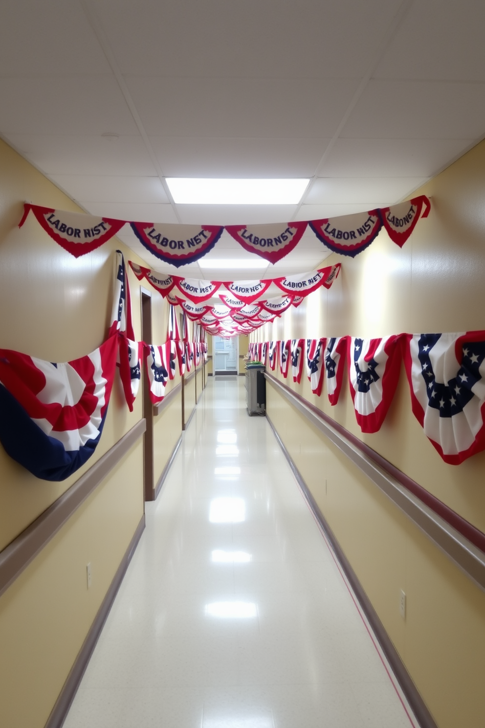 A festive hallway adorned with patriotic bunting that stretches along the walls. The bunting features red white and blue colors creating a vibrant and celebratory atmosphere for Labor Day.