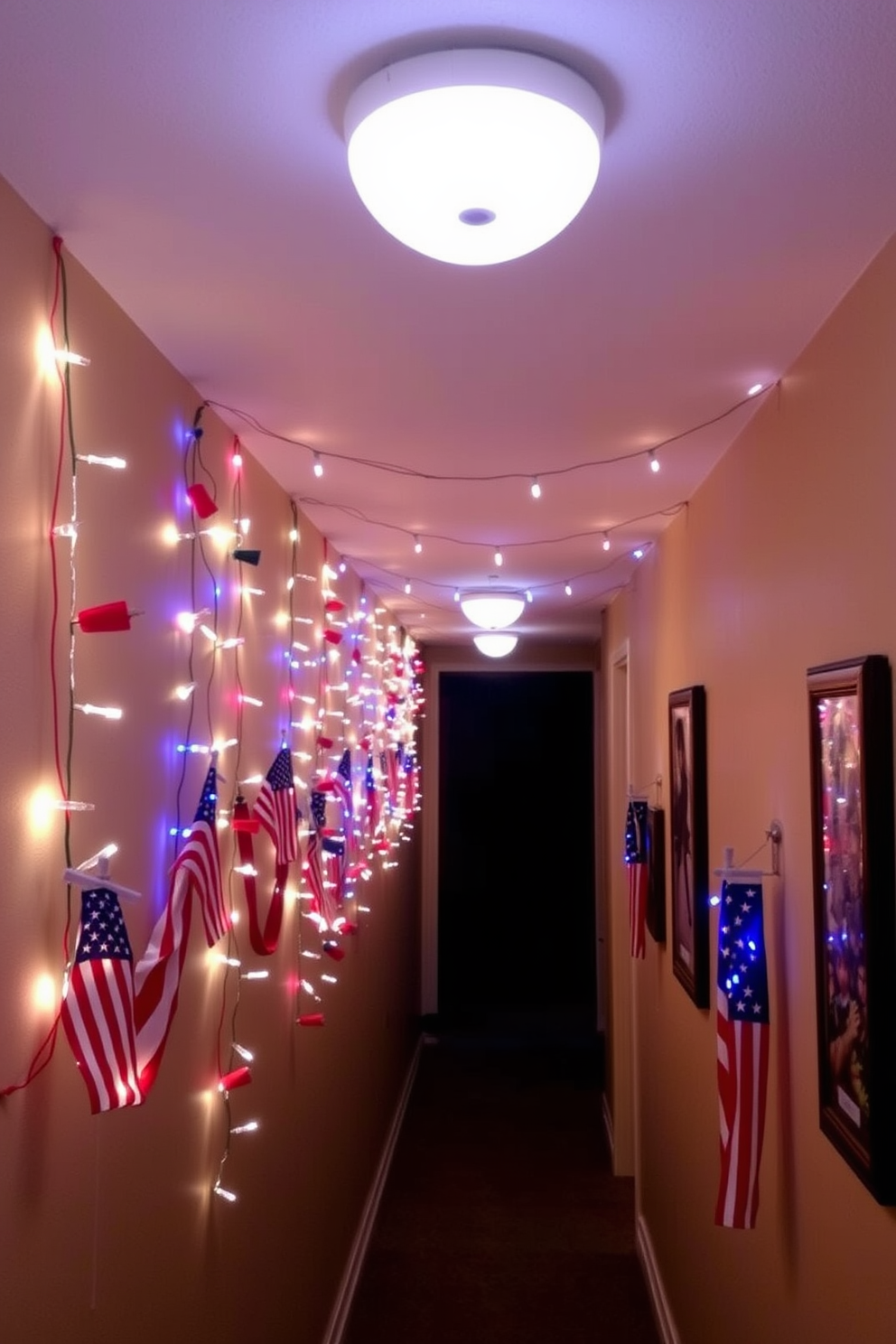 String lights are draped along the walls of a long hallway, creating a festive atmosphere with a red, white, and blue theme. The lights twinkle softly, illuminating decorative elements like small flags and patriotic artwork that line the corridor.