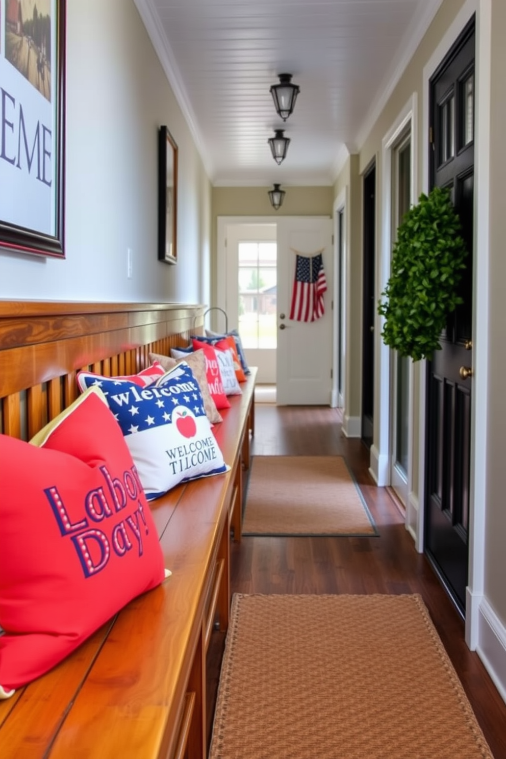 A cozy hallway adorned with seasonal throw pillows on wooden benches. The pillows feature vibrant colors and patterns that reflect the spirit of Labor Day, creating a welcoming atmosphere.