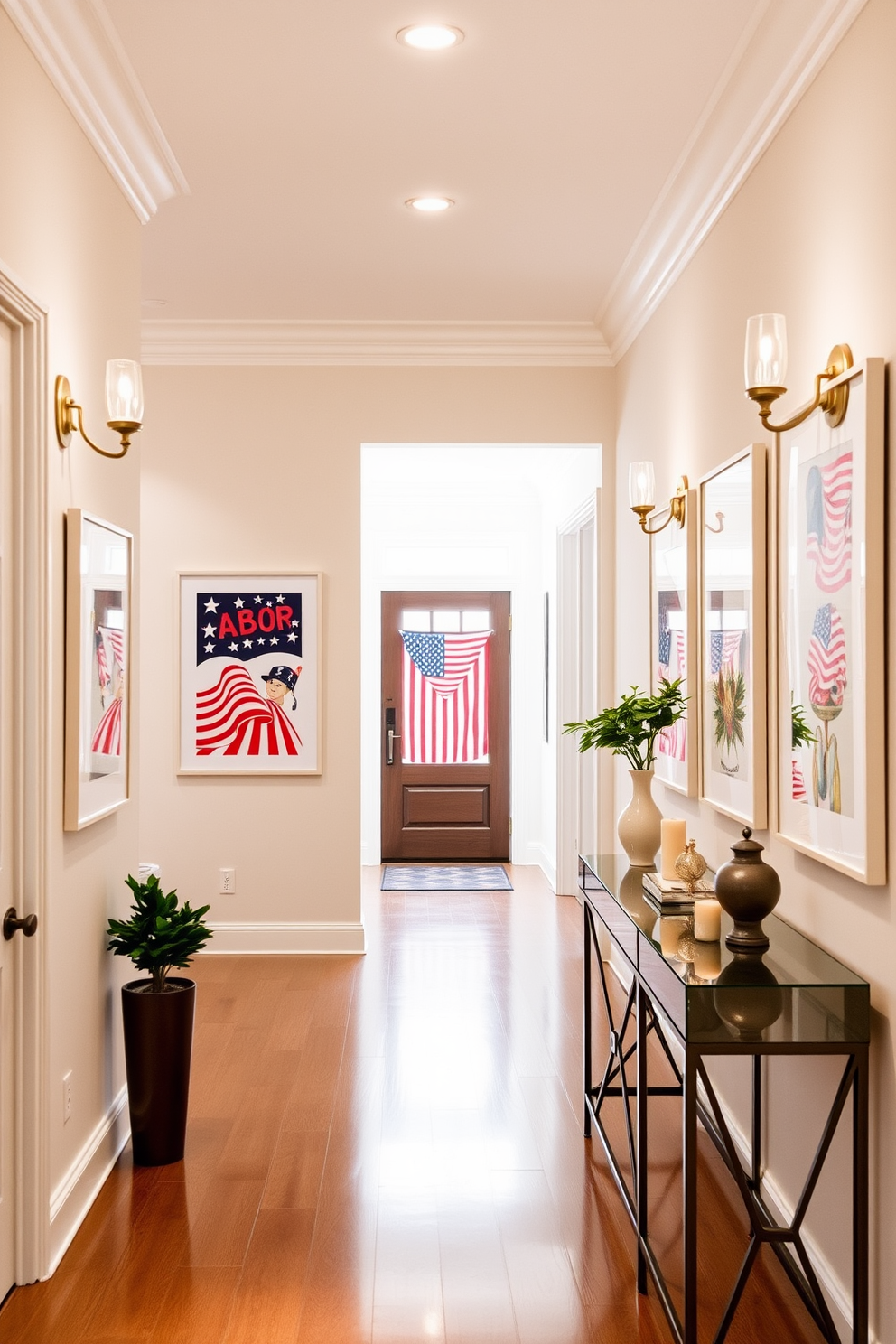 Labor Day themed art prints displayed in a bright and airy hallway. The prints feature patriotic colors and imagery, framed in sleek white frames that complement the light walls. The hallway is adorned with subtle decorative accents such as small potted plants and a stylish console table. Soft lighting from elegant sconces enhances the festive atmosphere, creating a welcoming space.