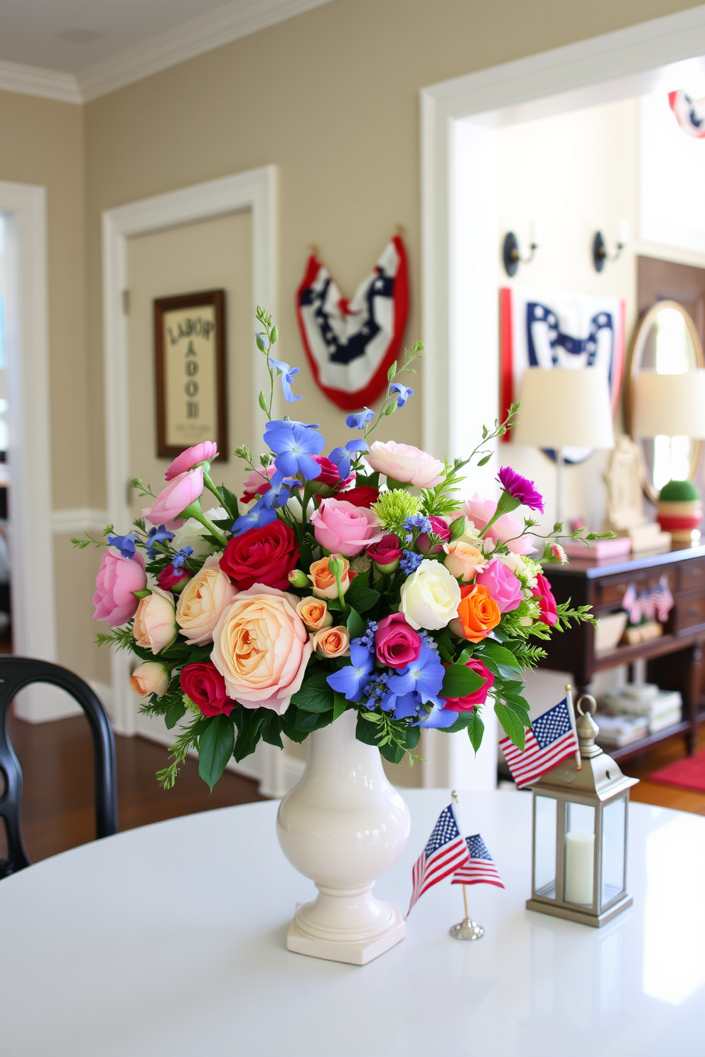 A stunning tabletop centerpiece featuring a variety of vibrant flowers arranged in an elegant ceramic vase. The arrangement includes peonies, roses, and greenery, creating a lively focal point for any dining or coffee table. A cozy hallway decorated for Labor Day with patriotic accents. The walls are adorned with red, white, and blue bunting, and a small console table displays seasonal decor, including miniature flags and a rustic lantern.