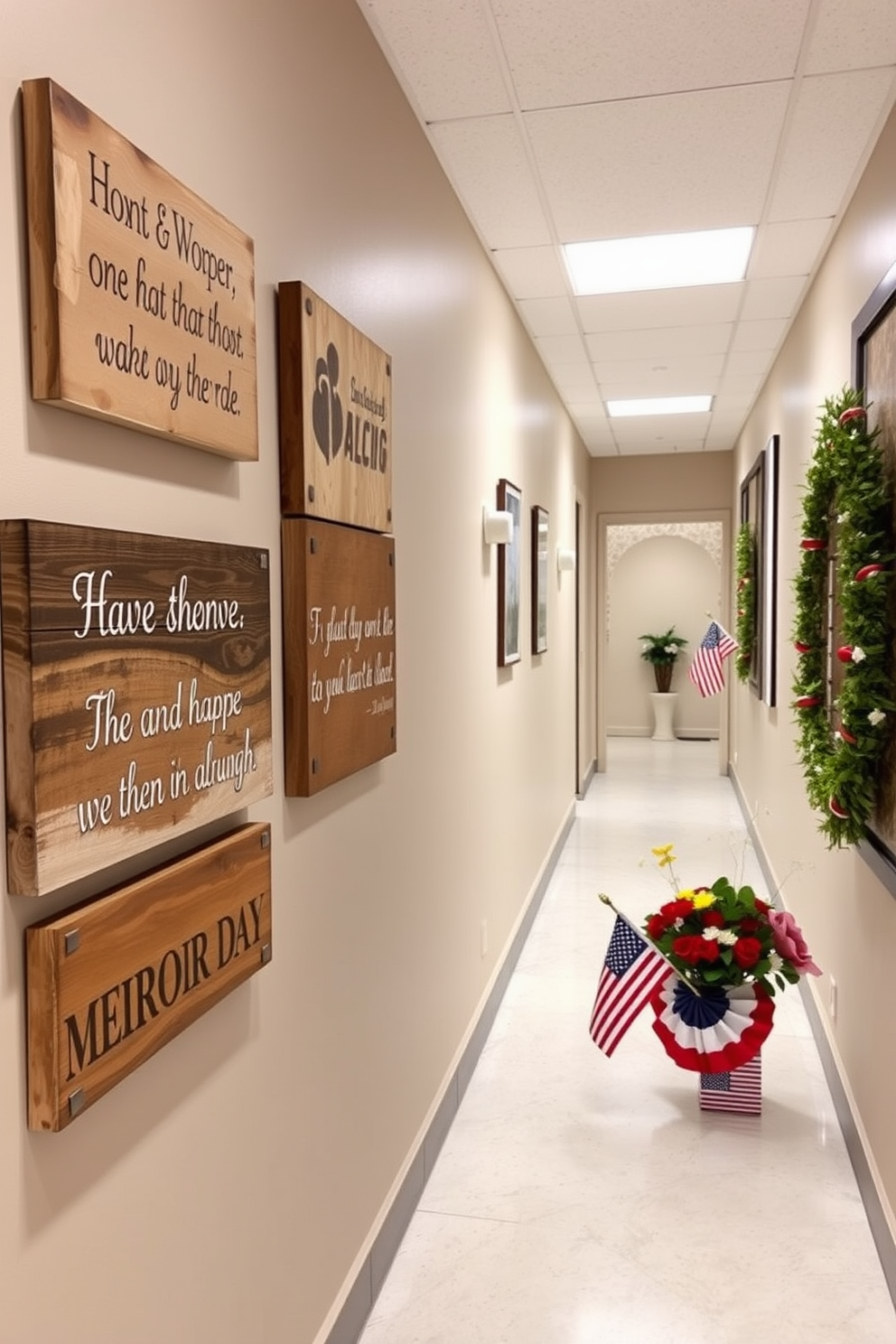 Decorative wooden signs with inspiring quotes are strategically placed along the walls of a well-lit hallway. The signs feature a mix of rustic finishes and elegant typography, creating a warm and welcoming atmosphere. Labor Day decorations are tastefully arranged to celebrate the holiday, incorporating elements like small flags and seasonal flowers. The hallway is adorned with subtle touches of red, white, and blue, enhancing the festive spirit while maintaining a cohesive design.