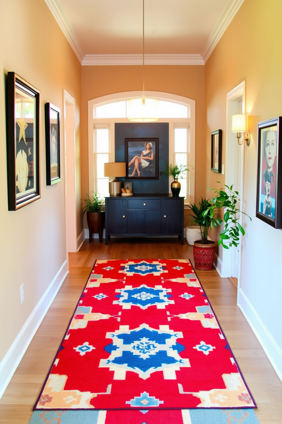 A vibrant red white and blue area rug adds a festive touch to the hallway. It complements the surrounding decor while providing a cozy and inviting atmosphere for guests. The rug features a geometric pattern that harmonizes with the walls painted in a soft beige. Decorative elements like framed artwork and potted plants enhance the overall aesthetic of the space.