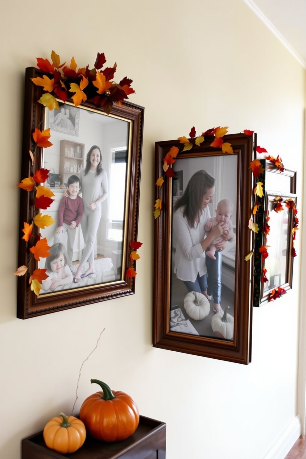 A cozy hallway adorned with framed family photos in seasonal frames. The frames are decorated with autumn leaves and pumpkins, capturing the spirit of Labor Day celebrations.