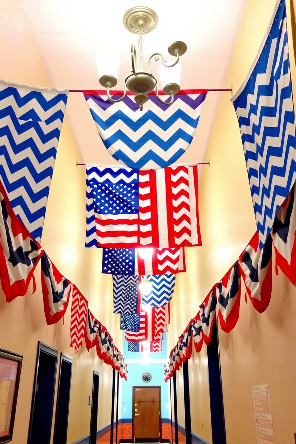 A vibrant hallway adorned with chevron patterned banners creates a festive atmosphere. The banners feature a mix of red, white, and blue colors, celebrating Labor Day with style. The walls are painted in a soft neutral tone to complement the bold patterns. Elegant lighting fixtures hang from the ceiling, illuminating the space and highlighting the cheerful decorations.