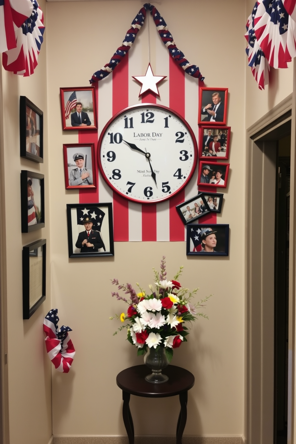 A patriotic themed wall clock is prominently displayed in the hallway, featuring red white and blue colors with stars and stripes. The clock is surrounded by framed photographs of past Labor Day celebrations, adding a festive touch to the decor. The hallway is adorned with banners and garlands in patriotic colors, creating a welcoming atmosphere. A small table beneath the clock holds a vase filled with seasonal flowers, enhancing the holiday spirit.