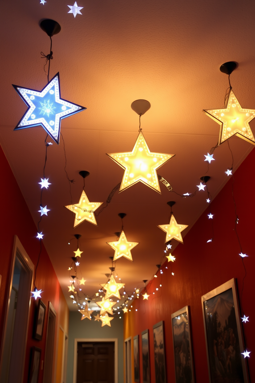 Star garlands hang gracefully from the ceiling, creating a whimsical atmosphere in the hallway. The soft glow of the stars complements the warm tones of the walls, enhancing the festive spirit of Labor Day celebrations.