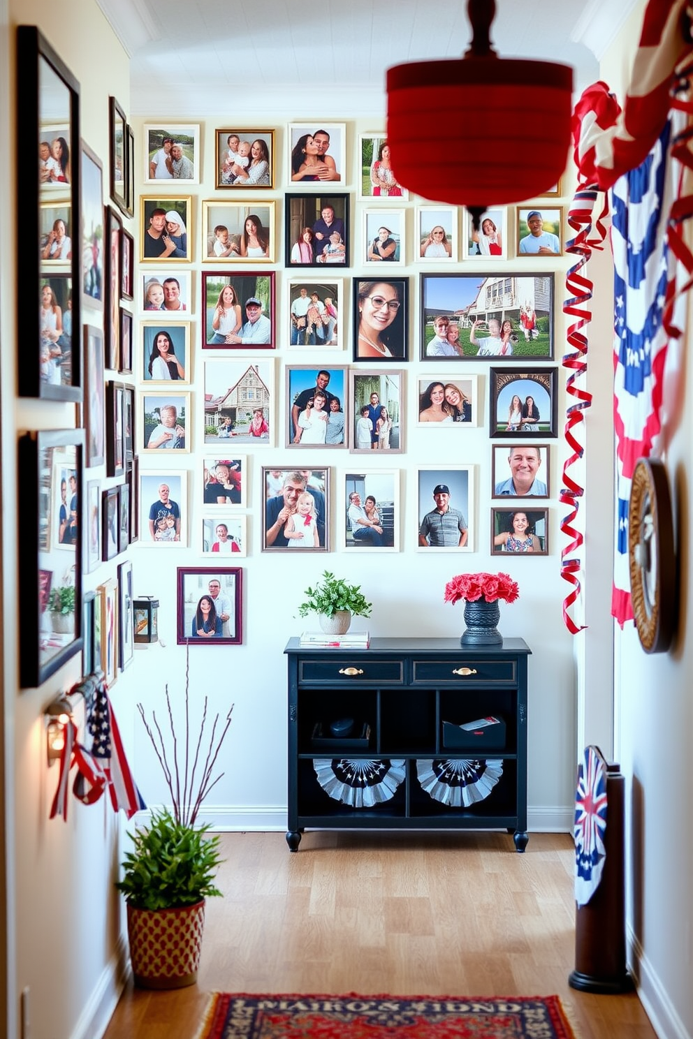 A creative photo wall showcasing Labor Day memories is designed with an array of framed pictures capturing joyful moments with family and friends. The wall is adorned with vibrant colors and playful patterns to evoke a festive atmosphere. Incorporating Labor Day hallway decorating ideas, the space features seasonal accents like red, white, and blue garlands and tasteful banners. Soft lighting highlights the decorations, creating a warm and inviting entryway.