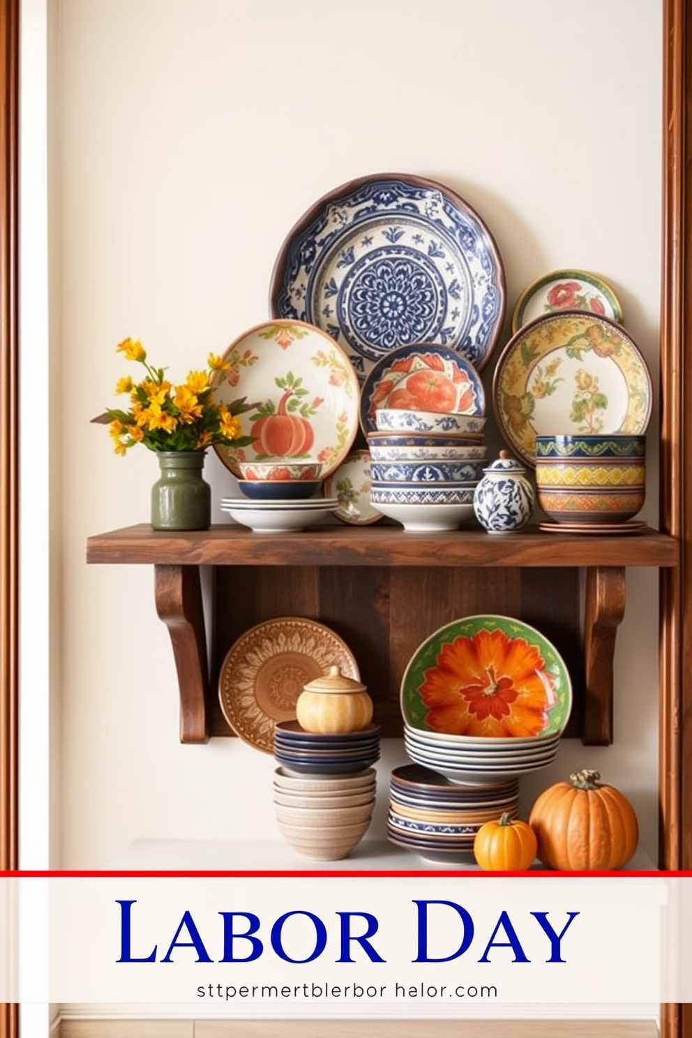 A beautifully arranged hallway features a collection of seasonal ceramic dishes displayed on a rustic wooden shelf. The dishes showcase vibrant autumn colors and intricate patterns, creating a warm and inviting atmosphere for Labor Day celebrations.