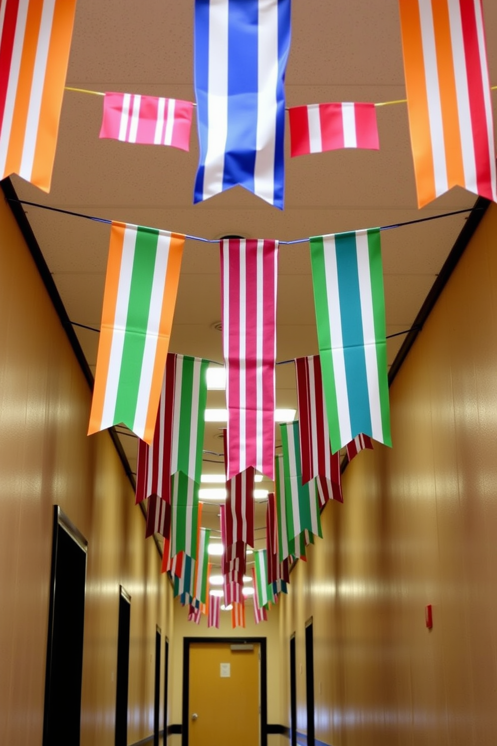 Hanging fabric banners with stripes create a festive atmosphere in the hallway. The vibrant colors of the banners complement the neutral walls, adding a touch of celebration to the space.