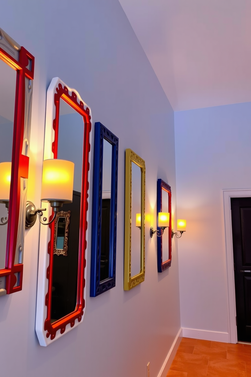 A vibrant hallway adorned with decorative mirrors featuring red, white, and blue frames. The mirrors reflect the warm light from stylish sconces mounted on the walls, creating an inviting atmosphere.