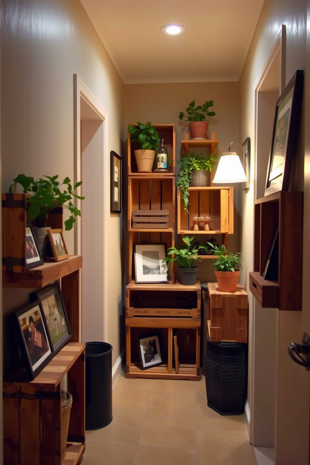 A cozy hallway adorned with rustic wooden crates used for decorative storage. The crates are stacked at different heights, showcasing plants and framed photos, while a warm light illuminates the space.