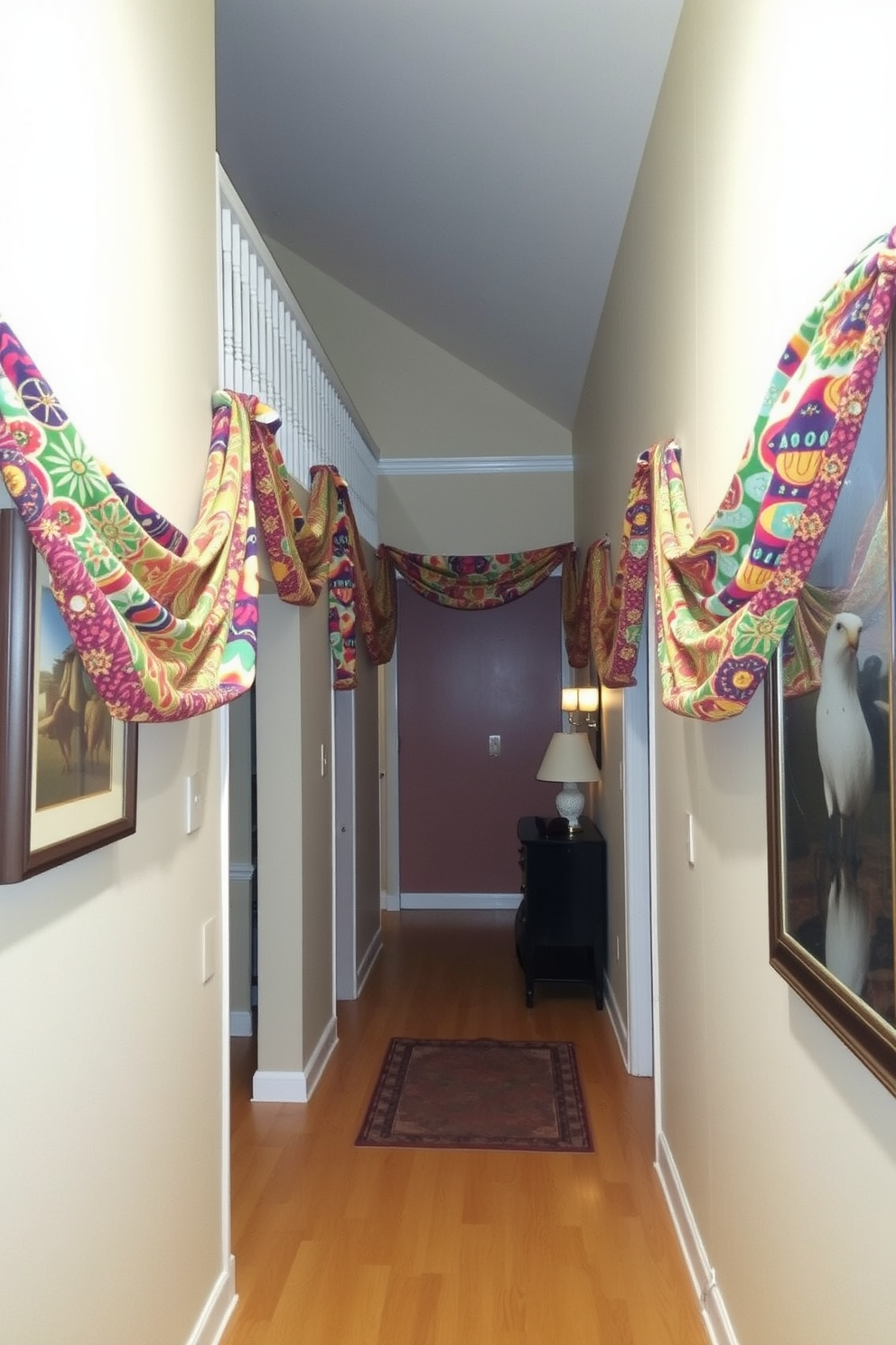 Colorful fabric swags draped elegantly over railings create a festive atmosphere in the hallway. The swags feature vibrant patterns and hues that complement the surrounding decor, enhancing the overall aesthetic of the space.