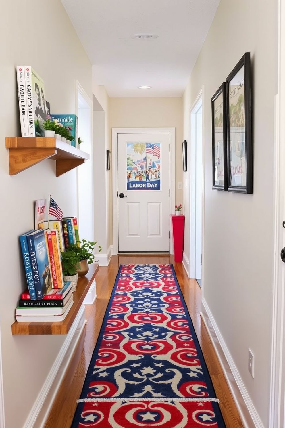 Labor Day themed books are arranged on wooden shelves, showcasing vibrant covers that celebrate the spirit of the holiday. The shelves are adorned with small decorative items like miniature flags and small potted plants to enhance the festive atmosphere. The hallway is decorated with red, white, and blue accents, featuring a striking runner rug that complements the theme. Framed artwork depicting Labor Day celebrations hangs on the walls, creating a warm and inviting entryway.