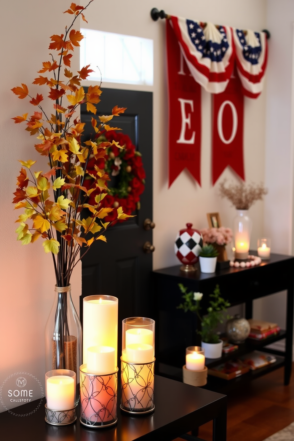 Seasonal candles in decorative holders are arranged along a sleek console table in the hallway. The warm glow of the candles complements the rich autumn colors of the decor, creating an inviting atmosphere. Labor Day hallway decorating ideas feature a mix of patriotic elements and seasonal accents. Banners in red, white, and blue hang alongside autumn leaves, while small potted plants add a touch of greenery to the space.