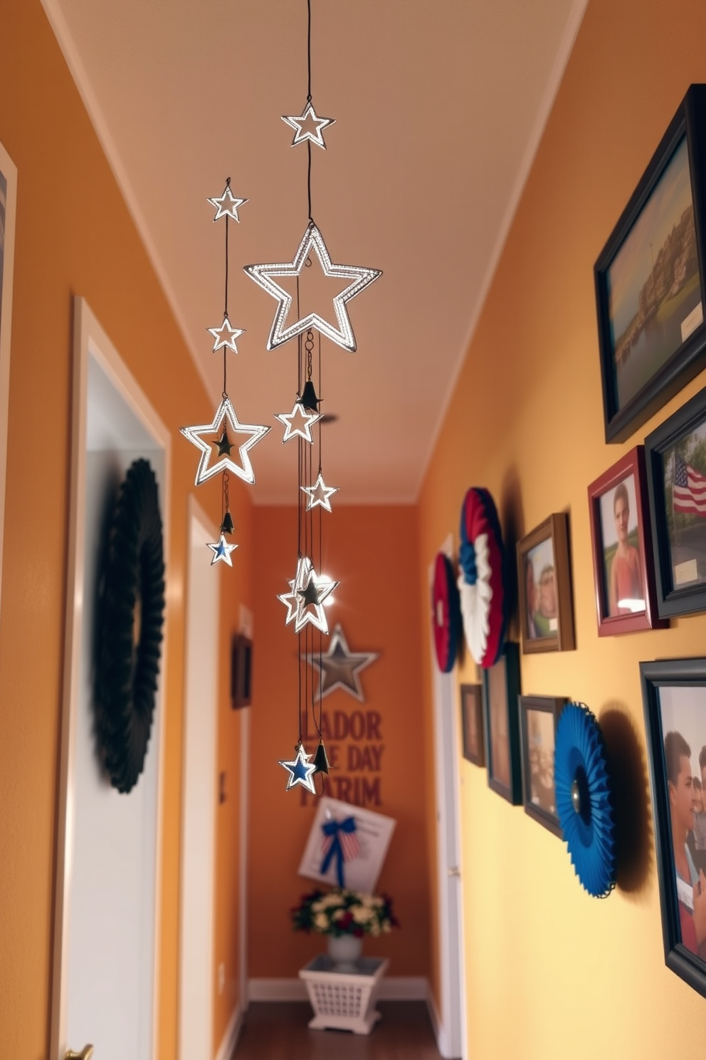 A serene hallway adorned with hanging wind chimes shaped like stars. The soft tinkling sound of the chimes creates a calming atmosphere, complementing the warm, inviting colors of the walls. Decorative elements inspired by Labor Day, such as red, white, and blue accents, are tastefully arranged along the hallway. A collection of framed art pieces depicting festive scenes adds a touch of celebration to the space.