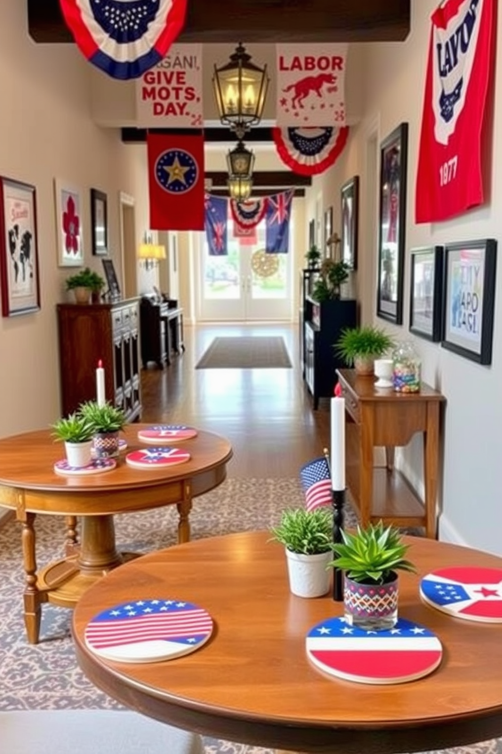 Patriotic themed coasters are placed on wooden tables throughout the space, featuring vibrant red, white, and blue designs that celebrate national pride. The coasters are complemented by small potted plants and decorative candles, enhancing the festive atmosphere. Labor Day hallway decorating ideas include hanging banners with seasonal motifs and framed artwork that reflects the spirit of the holiday. Soft lighting illuminates the hallway, creating a warm and inviting environment for guests.