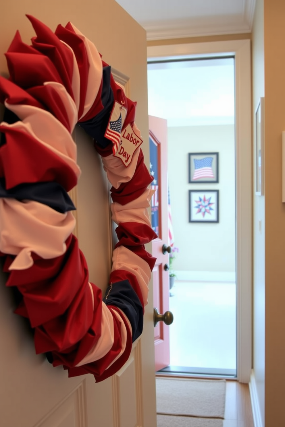 A vibrant red white and blue wreath adorns the front door, celebrating Labor Day with a festive touch. The hallway is decorated with subtle patriotic accents, including framed artwork featuring stars and stripes, creating a welcoming atmosphere.