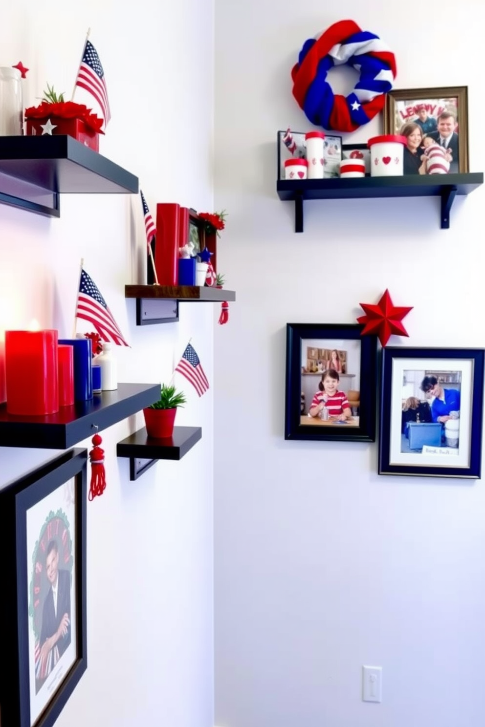 Festive wall-mounted shelves adorned with colorful seasonal decorations. Each shelf features an assortment of patriotic-themed items like miniature flags, red white and blue candles, and small potted plants. The hallway is brightened with cheerful artwork and framed photos that celebrate Labor Day. Soft lighting highlights the decor, creating a welcoming atmosphere for guests.