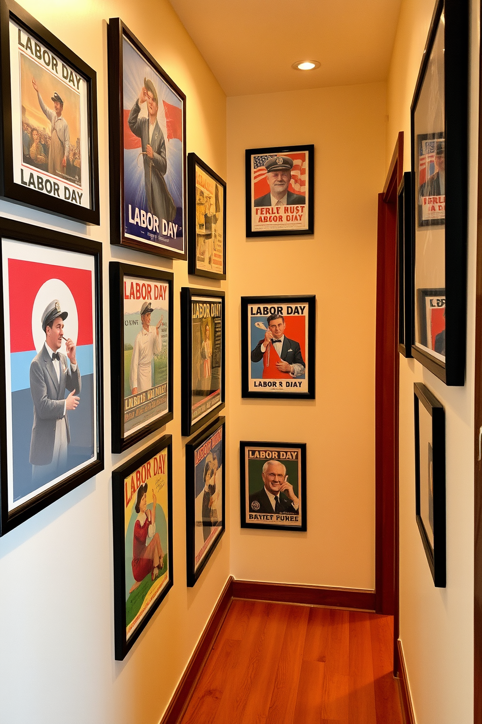 A collection of vintage Labor Day posters is framed neatly and arranged in a stylish gallery wall. The hallway features warm lighting that enhances the colors of the posters, creating a welcoming atmosphere.