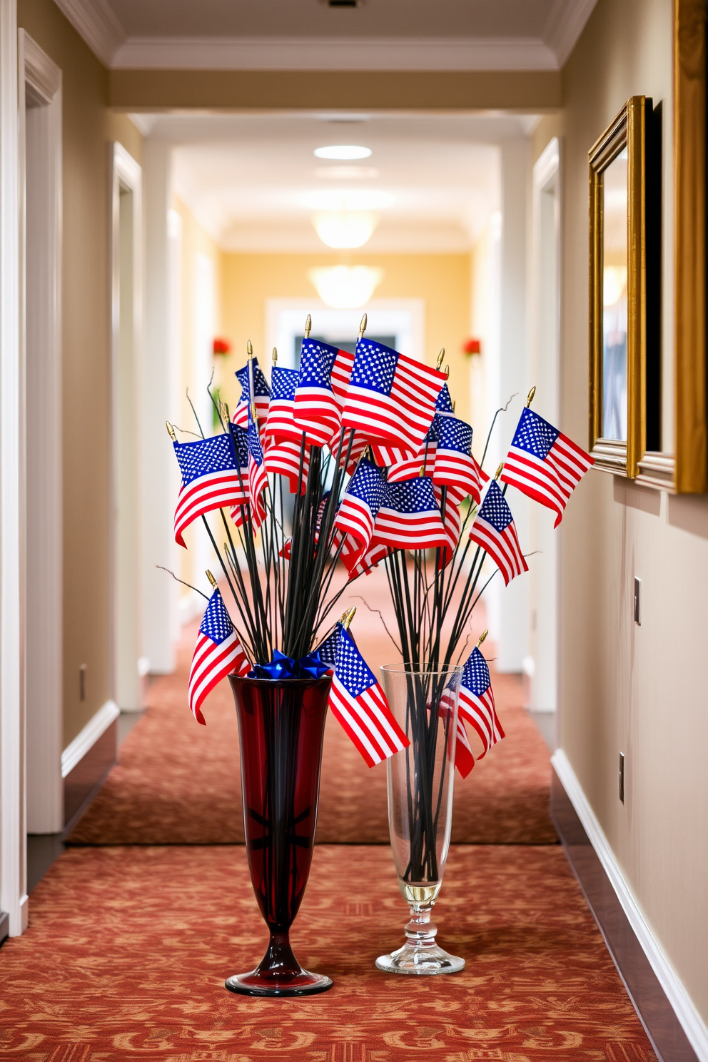 Mini American flags are arranged in elegant vases placed along a hallway. The vases are complemented by red, white, and blue decor, creating a festive atmosphere for Labor Day celebrations.