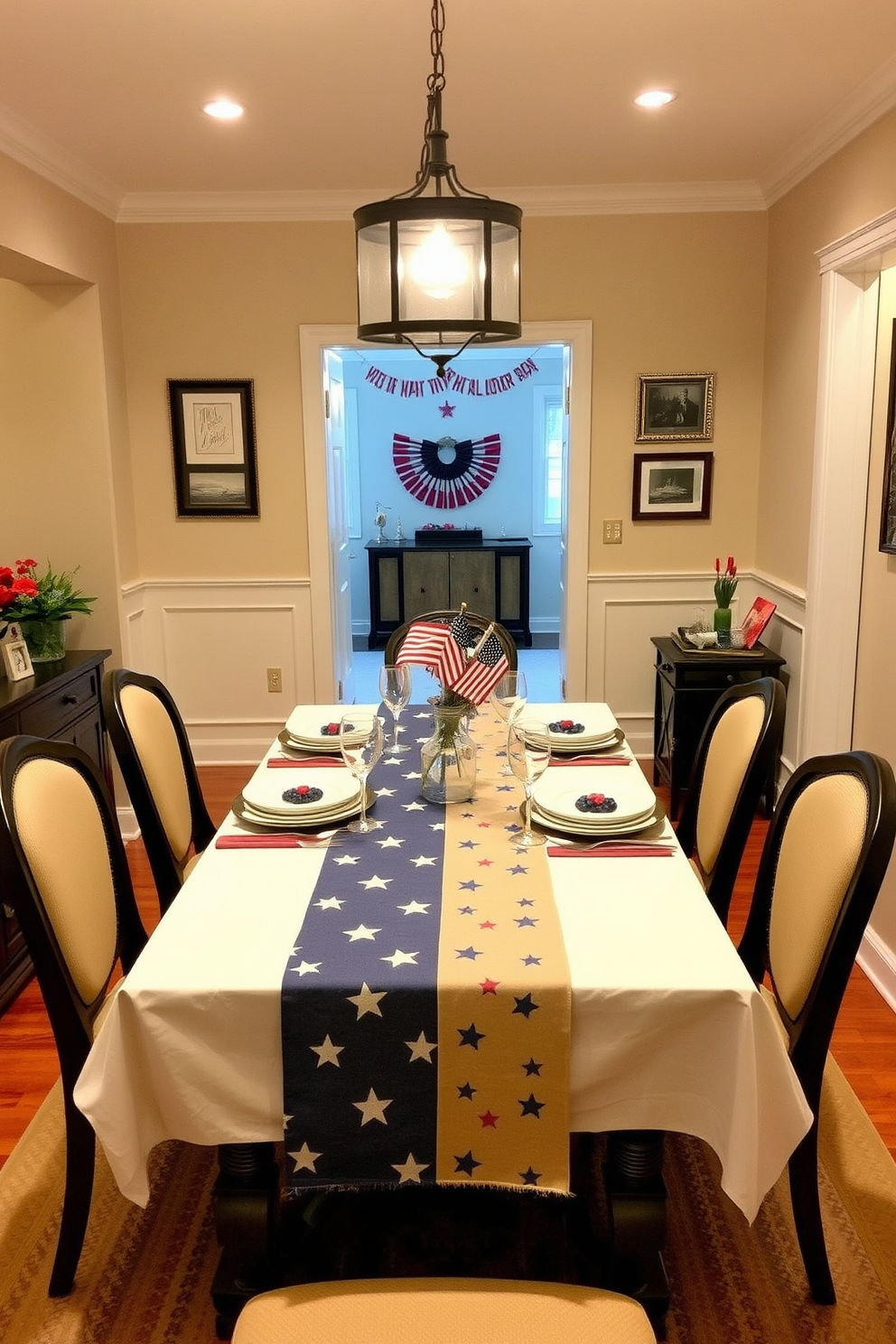 A seasonal table runner adorned with stars stretches across a beautifully set dining table. The table is surrounded by elegant chairs, and soft lighting creates a warm ambiance for a festive gathering. The hallway is decorated with subtle Labor Day themes, featuring red, white, and blue accents. Decorative elements such as small flags and seasonal artwork enhance the festive spirit while maintaining a sophisticated look.