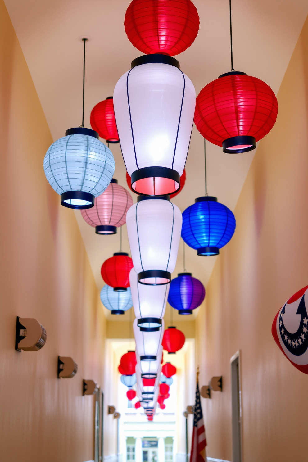 A vibrant hallway adorned with decorative lanterns featuring red white and blue hues. The lanterns are suspended from the ceiling and placed along the walls creating a festive atmosphere for Labor Day celebrations.